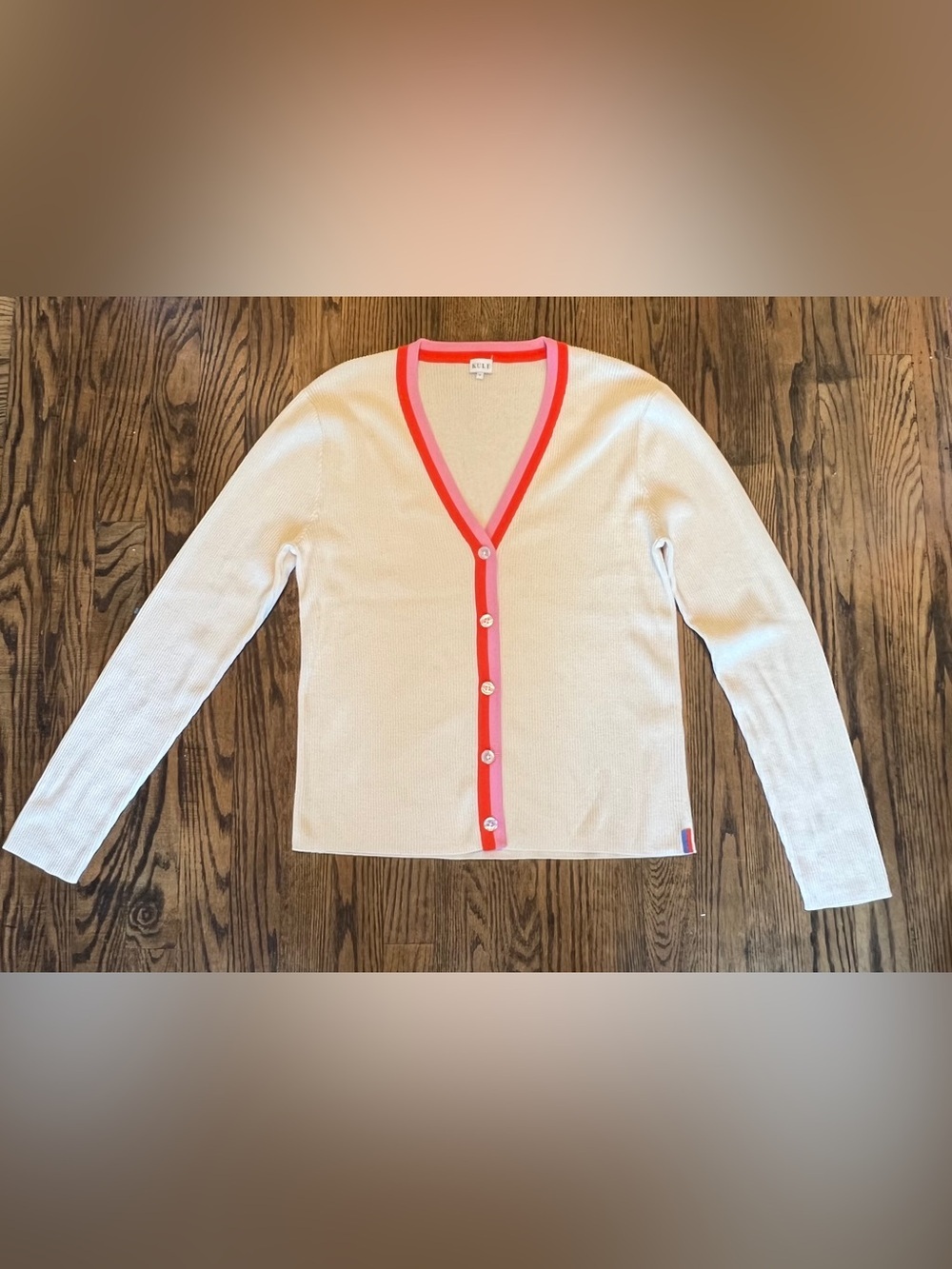 KULE Cream Cardigan with Pink-Red Trim